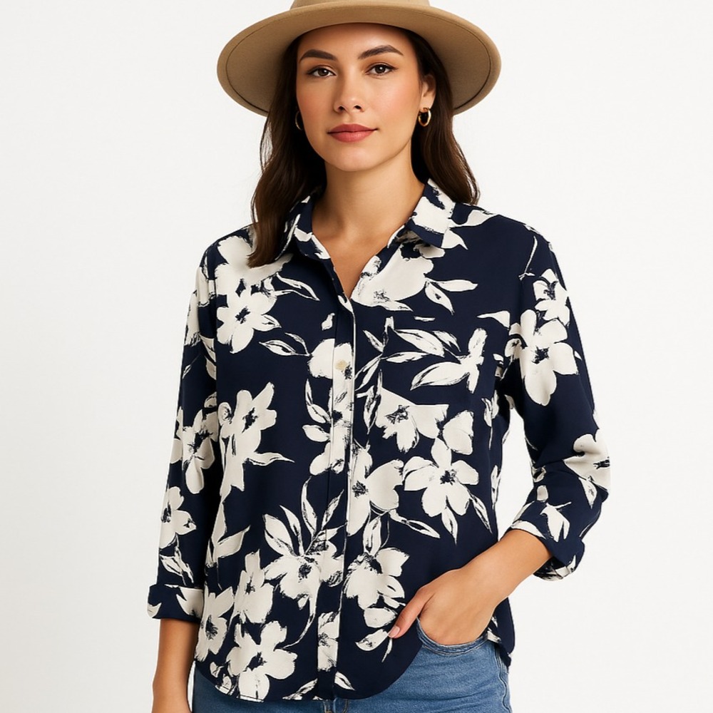 Lands End‎ Womens L Navy White Floral Print Button Up Top Classic Lightweight